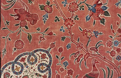 Pink Indian fabric with pink birds and blue flowers