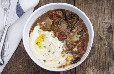 Venison casserole with thyme, garlic & celeriac purée