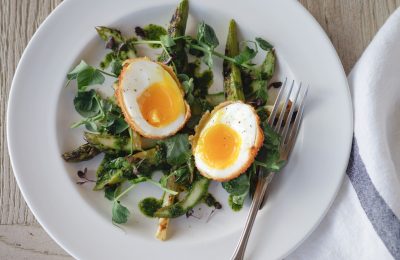 Chargrilled Asparagus with Deep Fried Egg & Pea Shoots